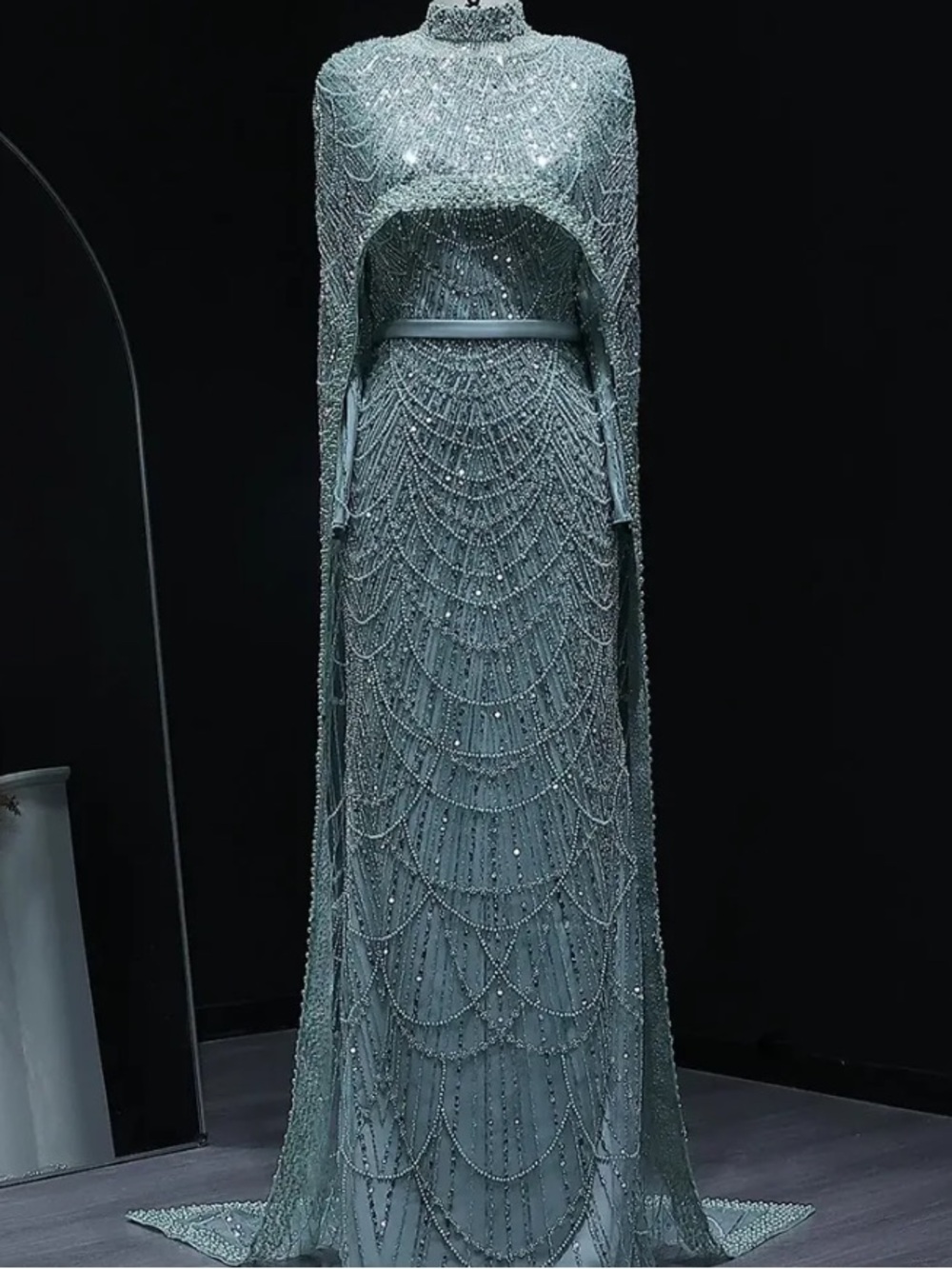 Beaded Evening Dress with Long Beaded Cape in Teal-Blue - Picture 2 of 10